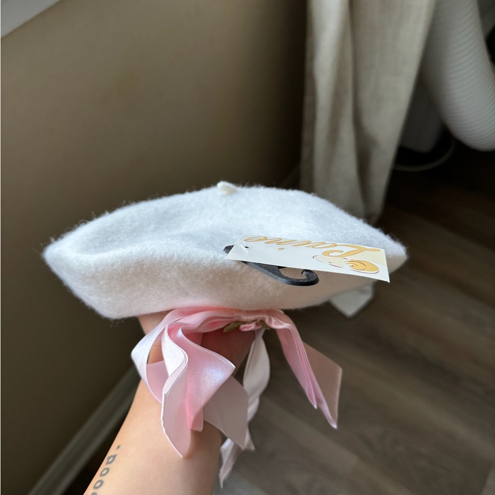 White Baret Hat with Pink Ribbon - Picture 2 of 5